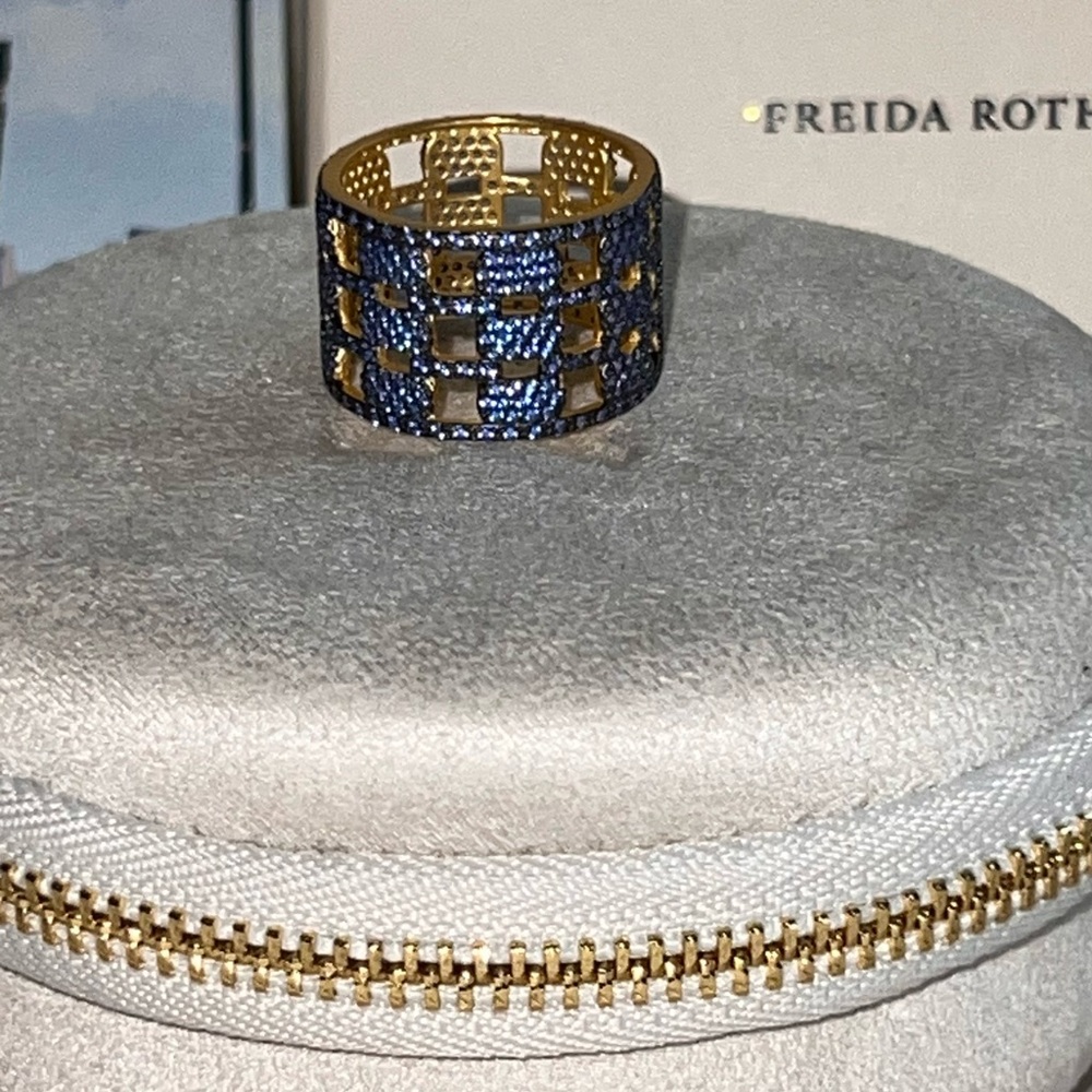Freida Rothman statement ring. Sterling silver with Gold overlay and Blue Pave